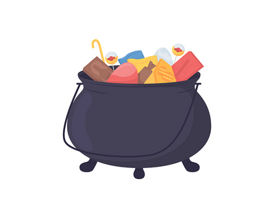 带有万圣节的大锅对待半平面彩色矢量项目(Cauldron with Halloween treats semi flat color vector item)