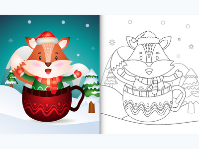 着色书，杯子里有可爱的狐狸圣诞人物(coloring book with a cute fox christmas characters  in the cup)
