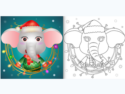 着色书与可爱的大象与树枝装饰圣诞节(coloring book with a cute elephant with twigs decoration christmas)