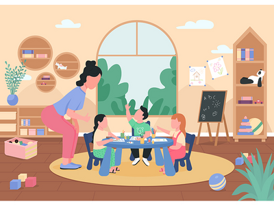 幼儿园美术课平面彩色矢量图解(Art class in kindergarten flat color vector illustration)