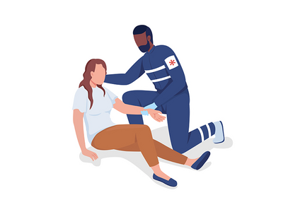 提供治疗半平面彩色矢量字符的救护车专业人员(Ambulance professional providing treatment semi flat color vector characters)