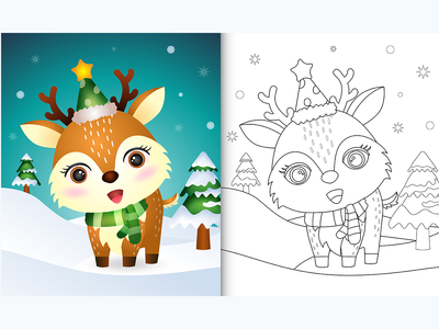 带帽子和围巾的鹿圣诞人物系列着色书(coloring book with a deer christmas characters collection with a hat and scarf)