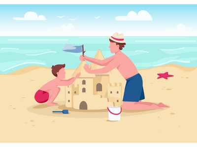 海滩家庭活动平面彩色矢量图(Beach family activity flat color vector illustration)