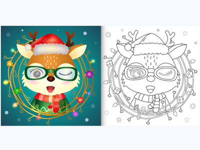 带有可爱的鹿圣诞人物系列的着色书(coloring book with a cute deer christmas characters collection)
