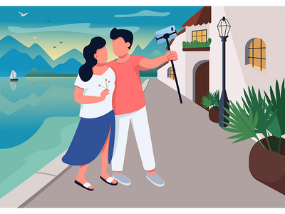 度假村村平彩矢量图中的情侣约会(Couple date in resort village flat color vector illustration)