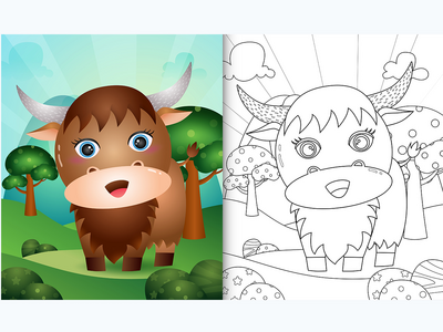 带有可爱水牛角色插图的儿童着色书(coloring book for kids with a cute buffalo character illustration)