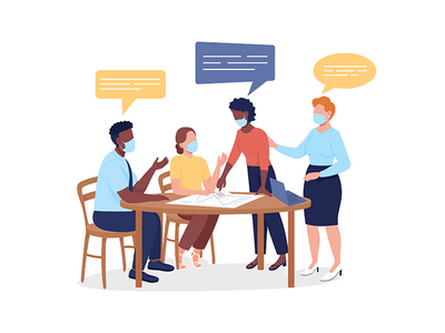 同事讨论计划半平面彩色矢量字符(Coworkers discussing plans semi flat color vector characters)