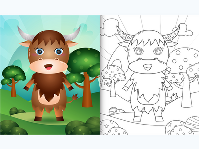 带有可爱水牛角色插图的儿童着色书(coloring book for kids with a cute buffalo character illustration)