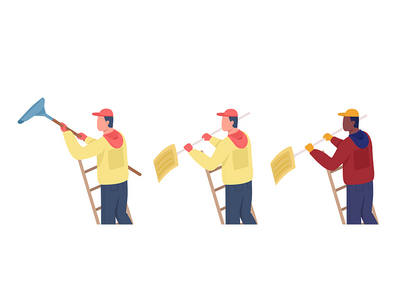 梯子半平面彩色矢量字符集上的清洁剂(Cleaner on ladder semi flat color vector characters set)