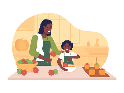 与孩子一起在秋季 2D 矢量孤立插图中烹饪(Cooking with child in autumn 2D vector isolated illustration)