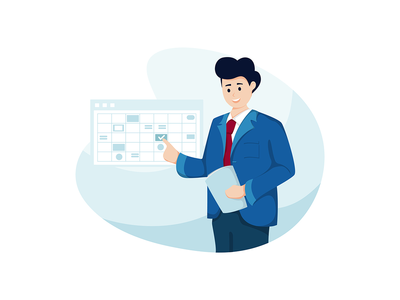 商人正在组织日程安排板，同时拿着一个业务文件夹(Businessman is organizing the schedule board while holding a business folder)