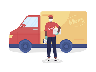 带有包裹和货车半平面彩色矢量字符的快递(Courier with parcel and van semi flat color vector character)