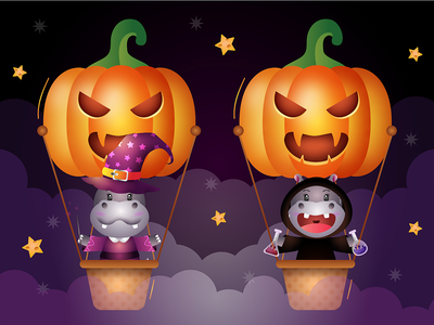 一对带着气球的河马万圣节版(a couple hippo with air balloon hallowen edition)