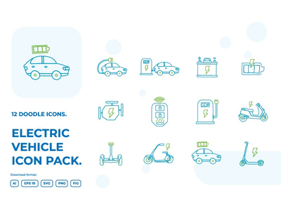 12 电动汽车概念涂鸦插图图标集(12 Electrical vehicle concept doodle illustrations icon set)
