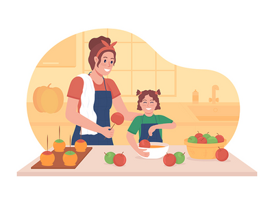 与孩子一起在秋季 2D 矢量隔离插图中烹饪(Cooking with kid in fall 2D vector isolated illustration)