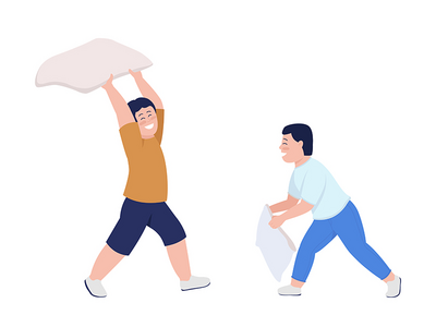 男孩玩枕头大战半平面彩色矢量字符(Boy playing pillow fight semi flat color vector characters)