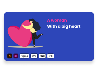 一个女人拥抱一颗大心脏。平面设计理念。(A woman hugs a big heart. Flat design concept.)