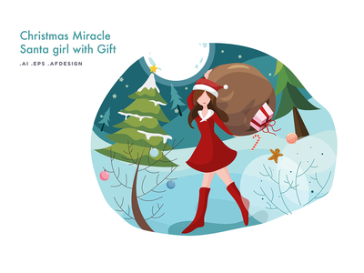 圣诞奇迹-圣诞老人女孩与礼物矢量图(Christmas Miracle - Santa Girl with Gift Vector Illustration)