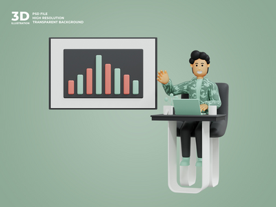 使用笔记本电脑工作的 3d 男性角色(3d male character working using laptop)