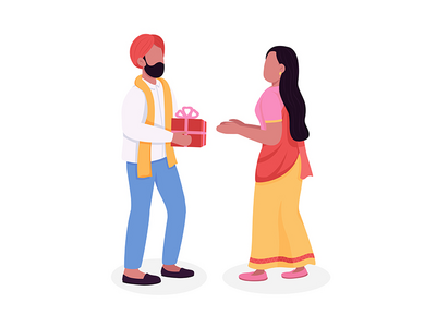 庆祝排灯节半平面彩色矢量字符的夫妇(Couple celebrating Diwali semi flat color vector characters)