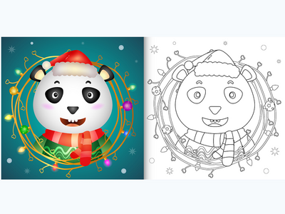 着色书与可爱的熊猫与树枝装饰圣诞节(coloring book with a cute panda with twigs decoration christmas)