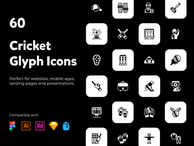 60 个板球设备字形图标(60 Cricket Equipment Glyph Icons)