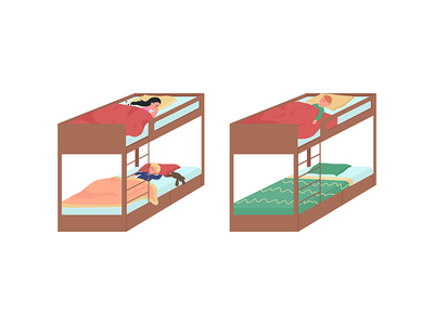 睡在双层床上的儿童平面彩色矢量不露面字符集(Children sleeping on bunk beds flat color vector faceless character set)