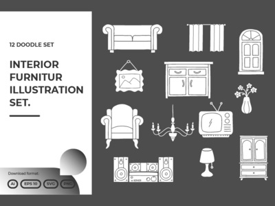 12 个室内家具涂鸦插图集(12 Interior furniture doodle illustrations set)