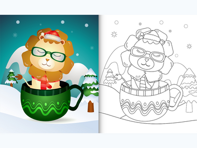 着色书，杯子里有可爱的狮子圣诞人物(coloring book with a cute lion christmas characters  in the cup)