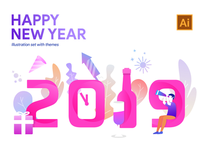 5 新年快乐 2019 插图(5 Happy New Year 2019 Illustration)