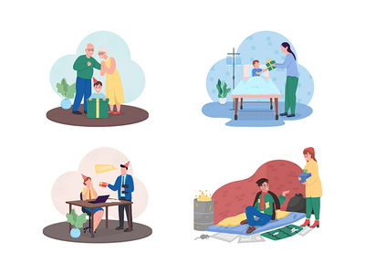 圣诞慈善礼物 2D 矢量网页横幅、海报集(Christmas charity gift 2D vector web banner, poster set)