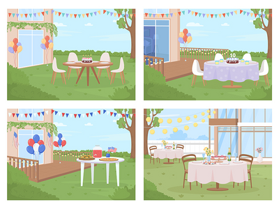 后院派对布置平面彩色矢量插图集(Backyard party arrangement flat color vector illustration set)