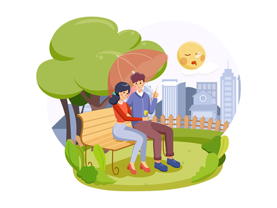 一对幸福的夫妇坐在长椅上，在秋季公园享受他们的情人节(A happy couple sitting on a bench enjoy their valentine in autumn park)