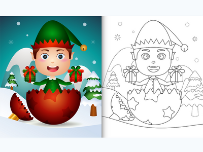 为圣诞舞会上可爱精灵男孩的孩子们涂色(coloring for kids with a cute elf boy in christmas ball)
