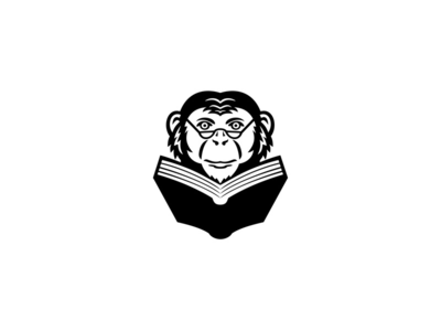 黑猩猩 黑猩猩戴眼镜看书吉祥物黑白(Chimpanzee Chimp Wearing Glasses Reading Book Mascot Black and White)