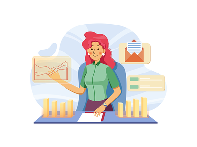 用桌面图表分析财务收入的商务女士(Business lady analyzing financial income with desk chart)