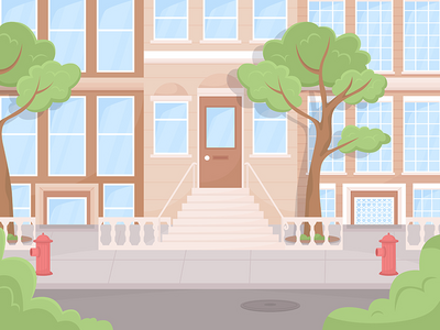 褐石外部入口平面彩色矢量图(Brownstone exterior entrance flat color vector illustration)