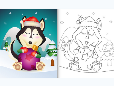 着色书与一只可爱的哈士奇狗拥抱圣诞球(coloring book with a cute husky dog hug christmas ball)