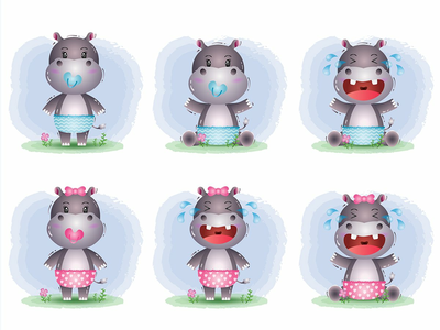 儿童风格的可爱河马宝宝系列(cute baby hippo collection in the children's style)