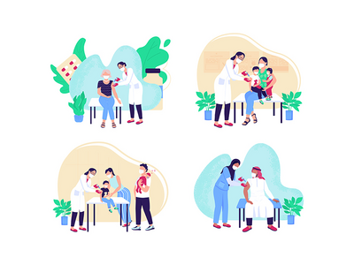 成人和儿童疫苗接种平面概念矢量图集(Adult and children vaccination flat concept vector illustration set)