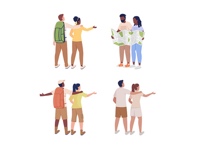 情侣一起旅行半平面彩色矢量字符集(Couples traveling together semi flat color vector characters set)