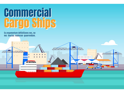 商业货船横幅平面矢量模板(Commercial cargo ships banner flat vector template)