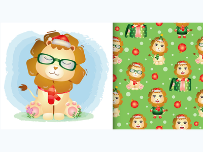可爱的狮子圣诞人物无缝图案和插图设计(a cute lion christmas characters seamless pattern and illustration designs)