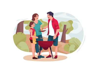 一个小家庭在森林里烧烤。(A small family has a barbecue in the forest.)