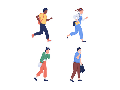 从建筑半平面彩色矢量字符集中撤离的儿童(Children evacuating from building semi flat color vector characters set)