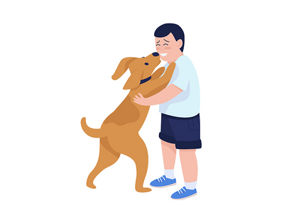 男孩玩狗半平面彩色矢量字符(Boy playing with dog semi flat color vector character)