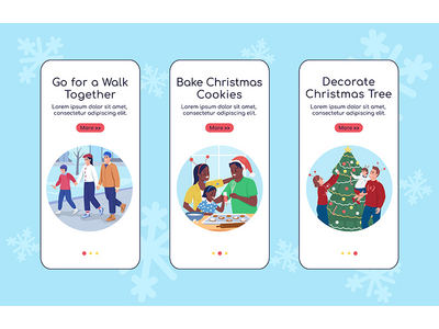 圣诞活动板载移动应用屏幕平面矢量模板(Christmas activities onboarding mobile app screen flat vector template)