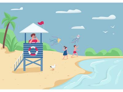 海滩安全与积极休闲平面彩色矢量图解(Beach safety and active leisure flat color vector illustration)