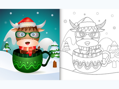 着色书，杯子里有可爱的水牛圣诞人物(coloring book with a cute buffalo christmas characters  in the cup)