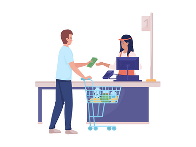 客户支付给收银员半平面彩色矢量字符(Customer pay to cashier semi flat color vector characters)